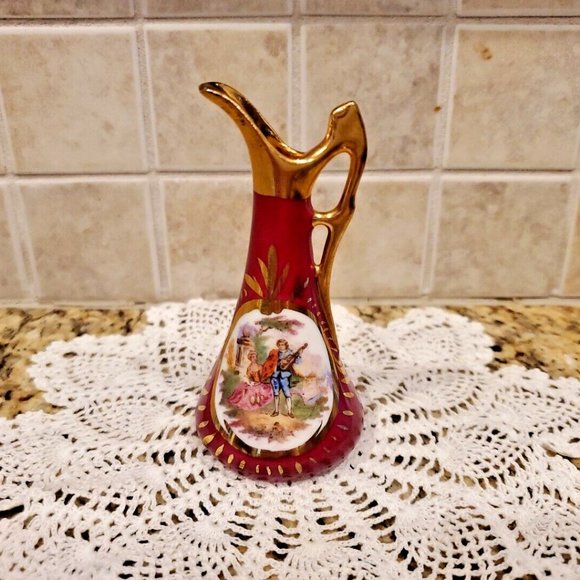 Vintage Courting Couple Porcelain Limoges France Miniature Pitcher Ewer Vase - Picture 1 of 5